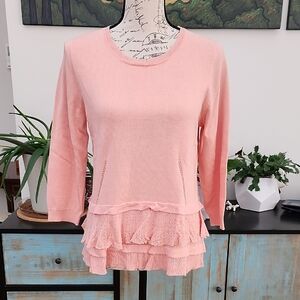 Garnett Hill Shirttail Lacey Layered Lightweight Cotton Sweater